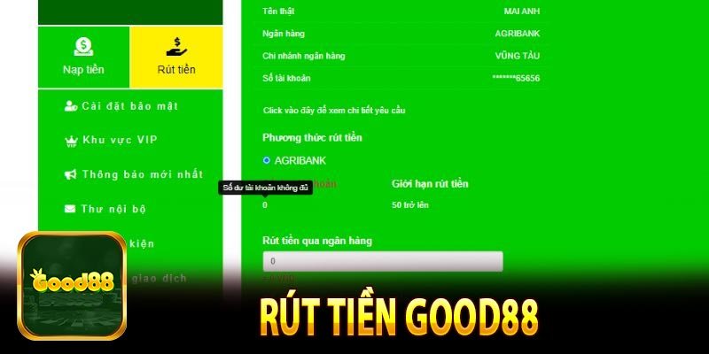 Thao tác đơn giản rút tiền Good88 về tài khoản ngân hàng 